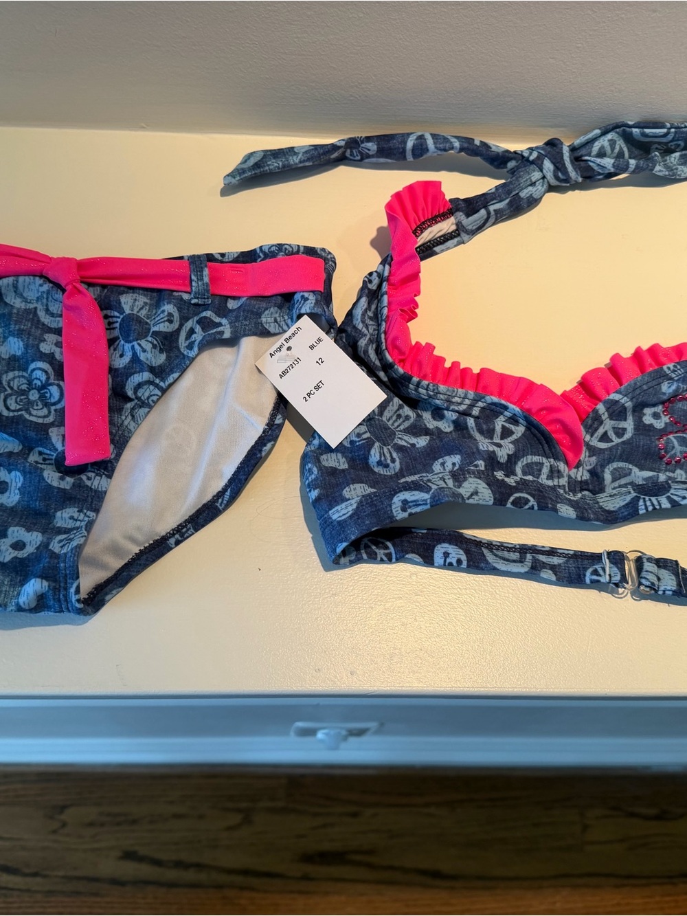 Girls' Blue Floral Two-Piece Bikini with Hot Pink Trim
